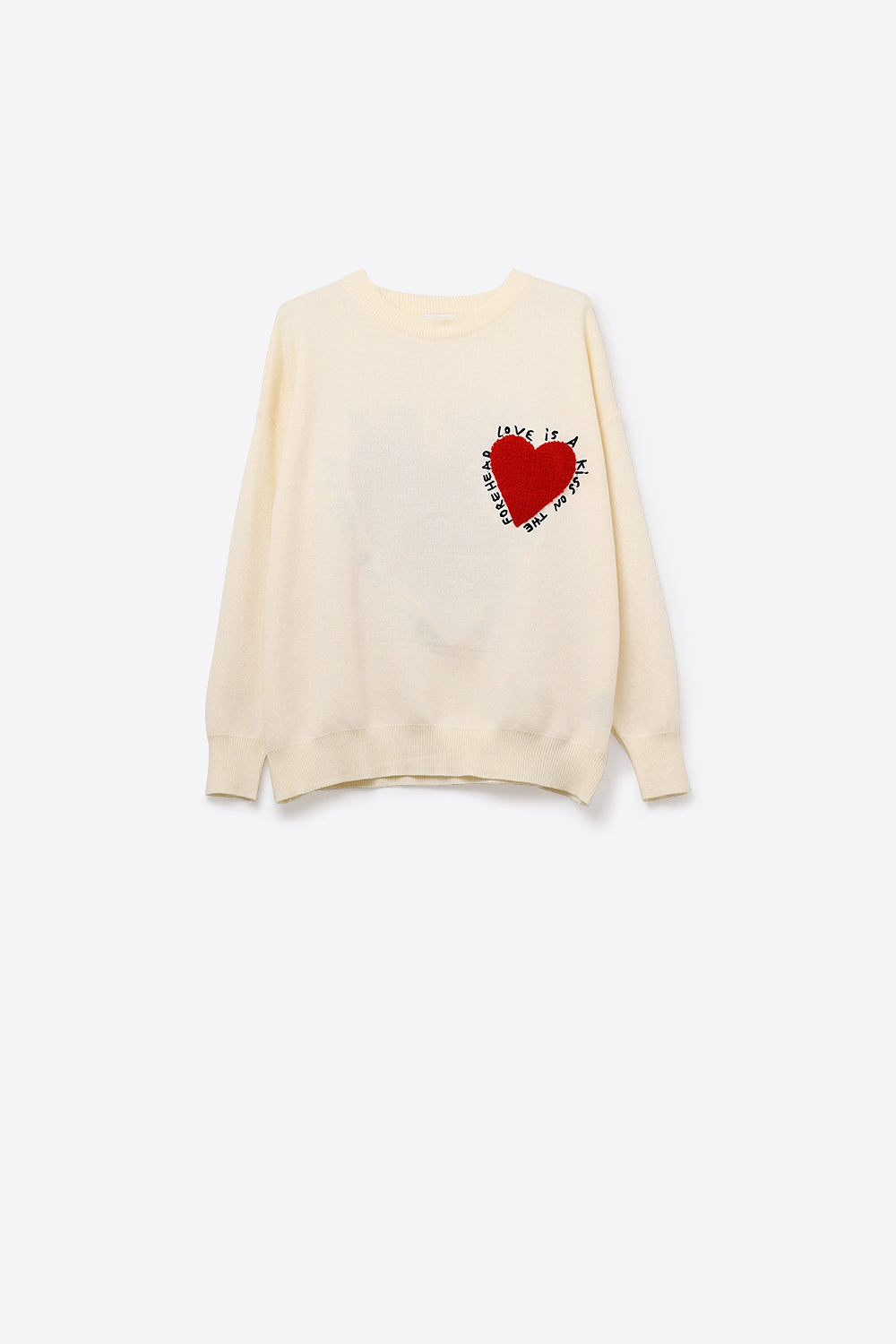 Felpa a maglia con cuore ricamato e testo in crema