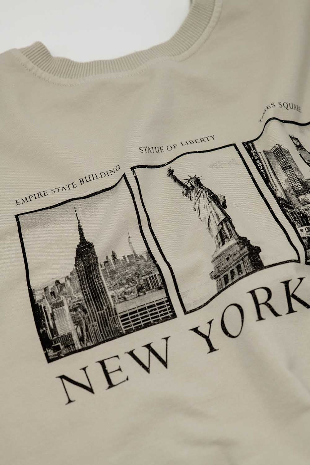 Felpa a maniche lunghe color Beige con stampa new york city