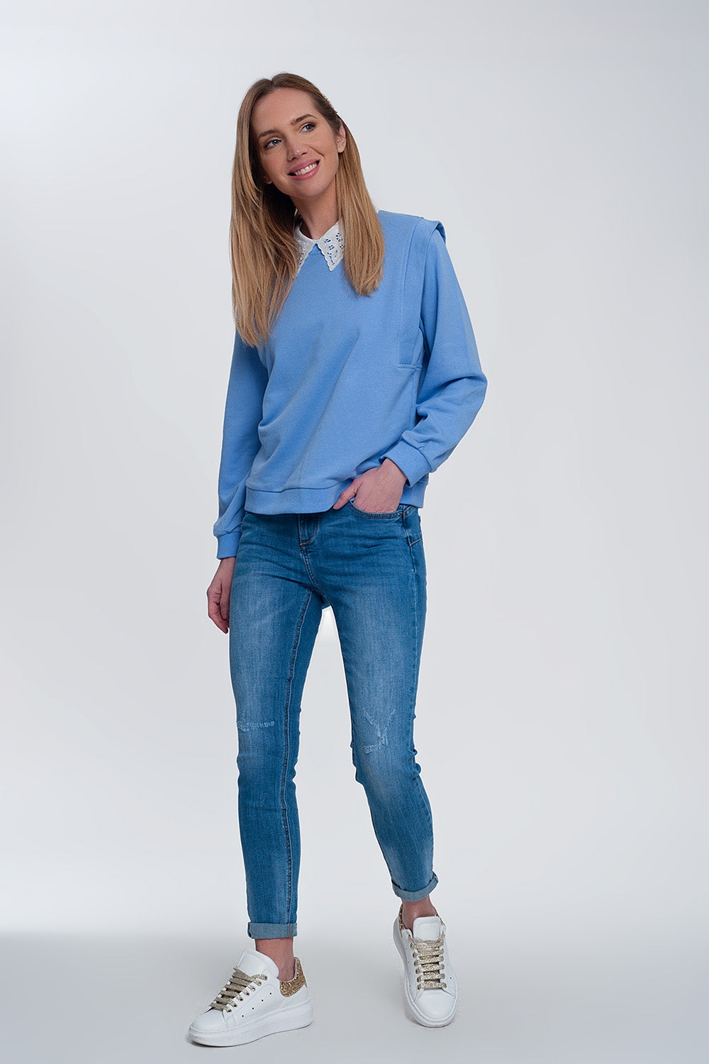 Felpa boyfriend con dettagli sulle spalle in blu