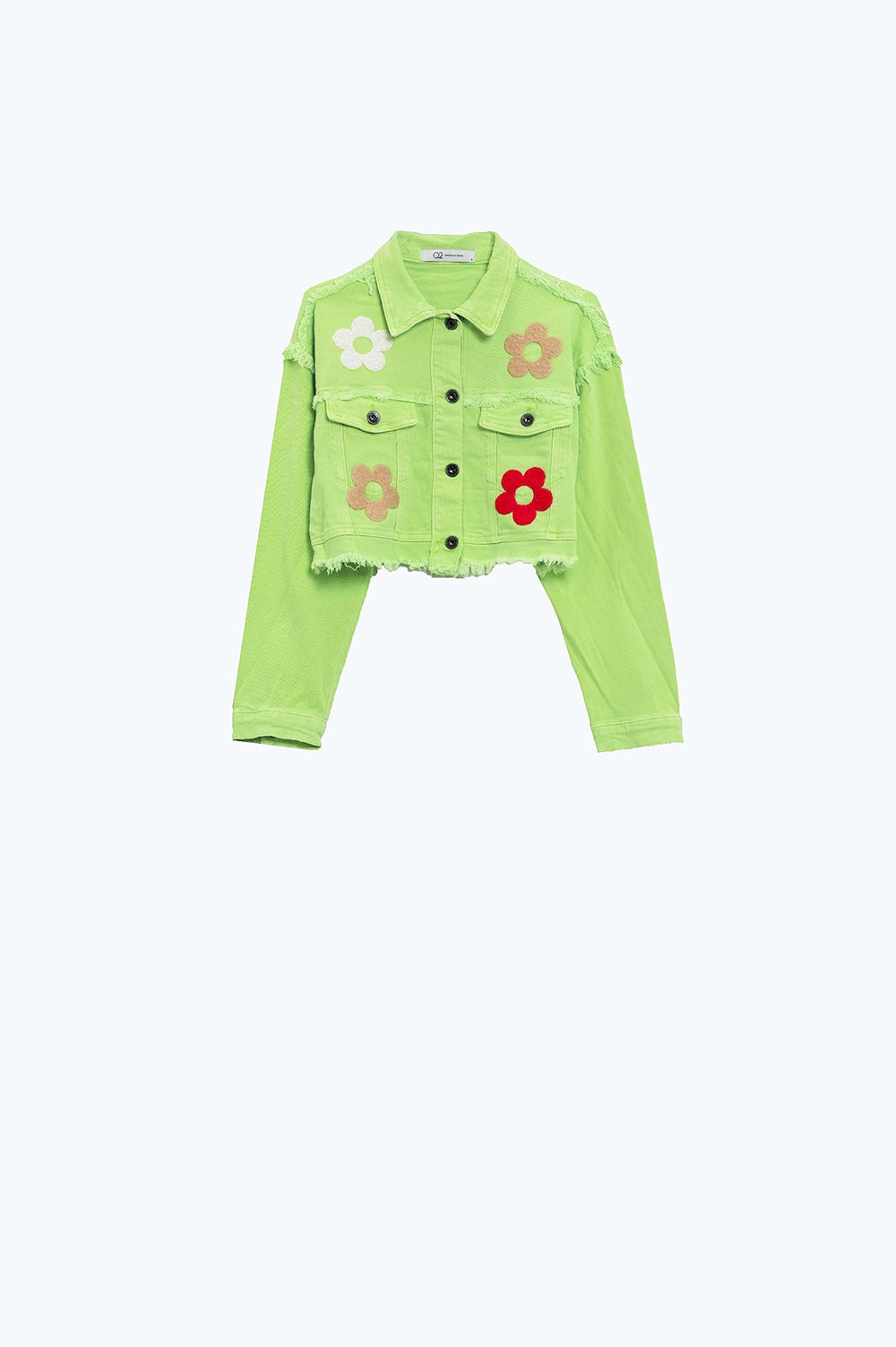 Giacca cropped con tasche sul petto e dettagli floreali in verde
