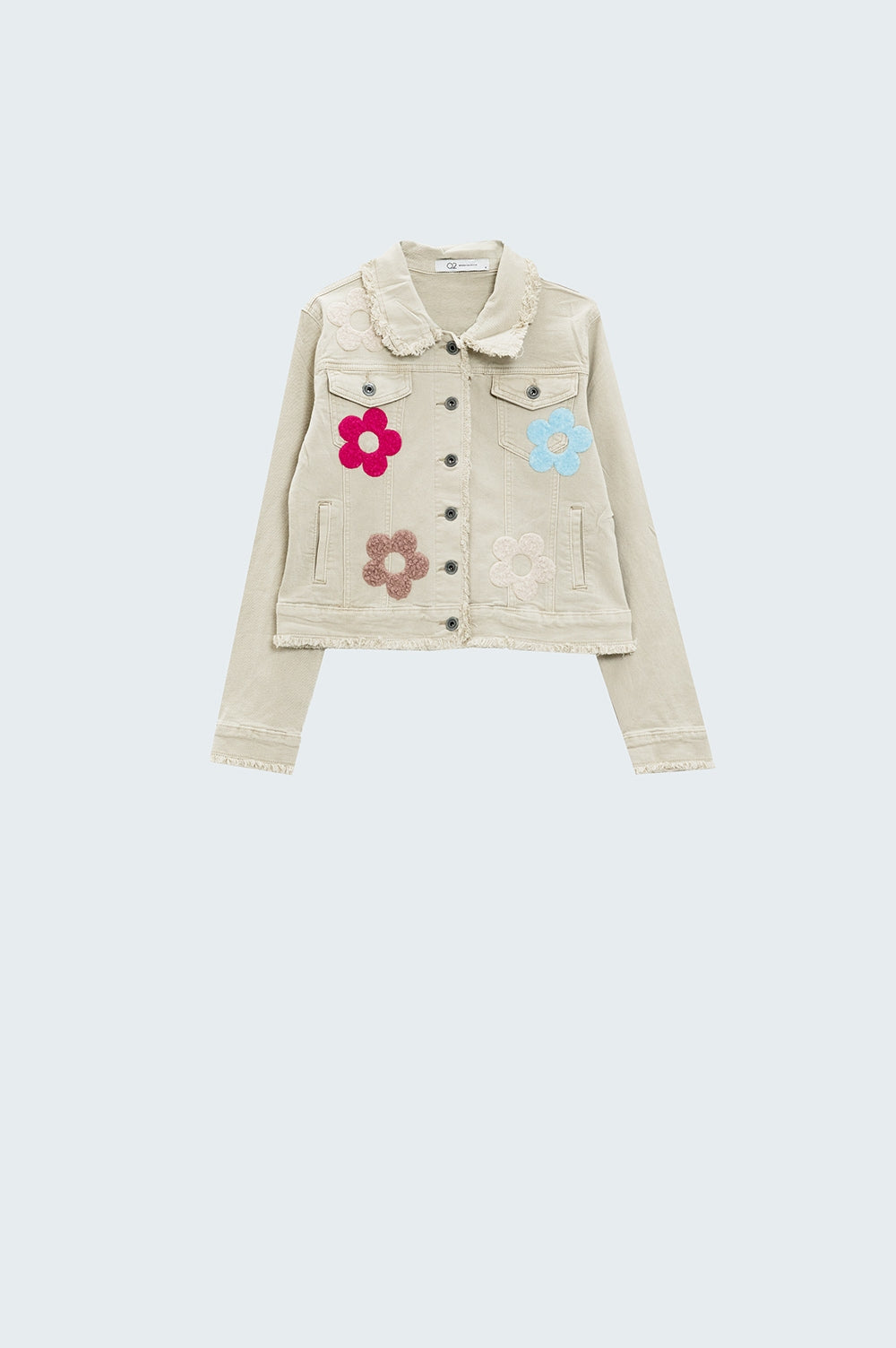 Giacca di jeans beige con fiori ricamati