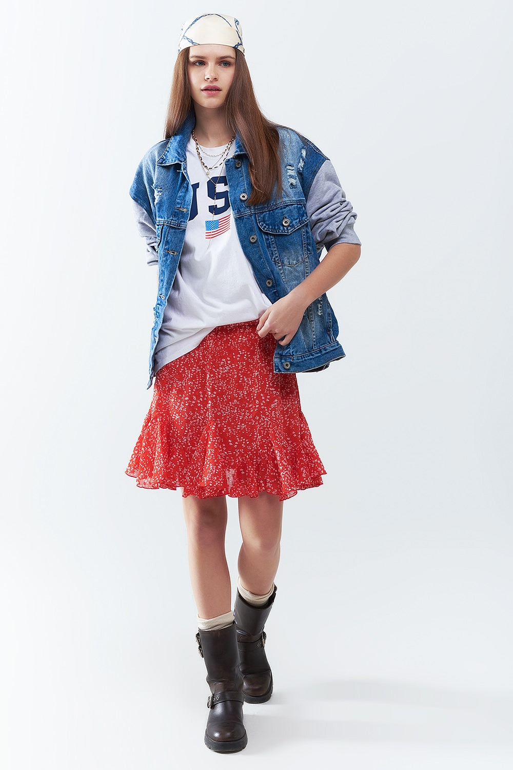 Giacca in denim con maniche in tessuto da jogging