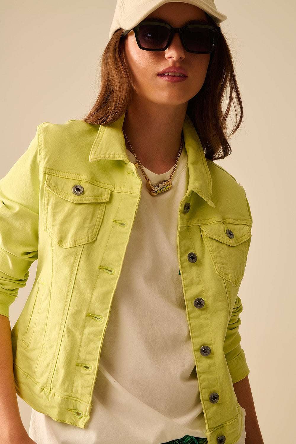 Giacca in denim elasticizzato basic con tasche in lime