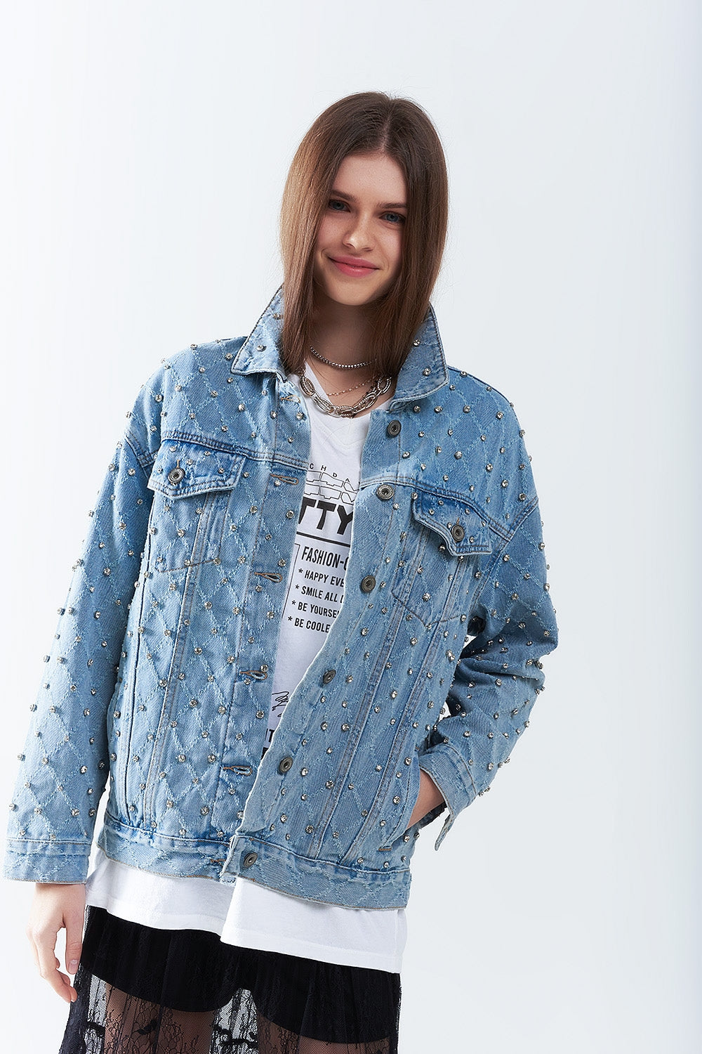 Q2 Giacca larga in denim con strass a forma di rombo