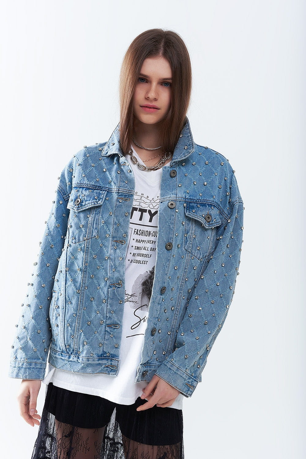 Giacca larga in denim con strass a forma di rombo