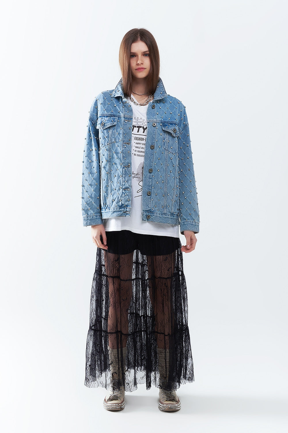 Giacca larga in denim con strass a forma di rombo