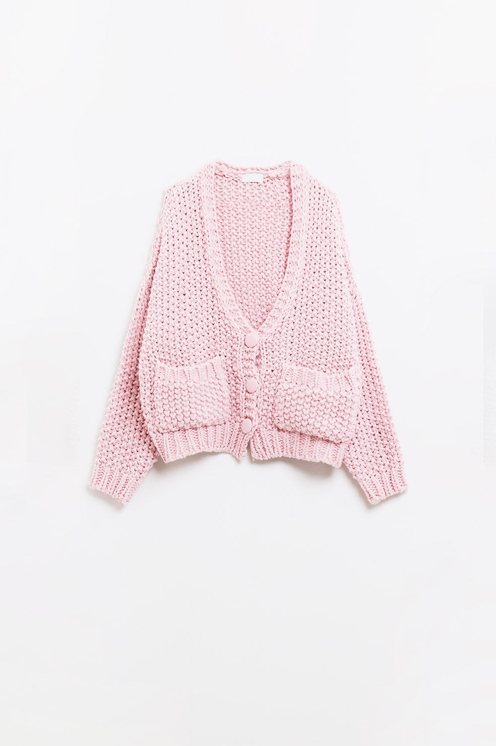 Q2 Giacca oversize rosa in maglia grossa con tasche