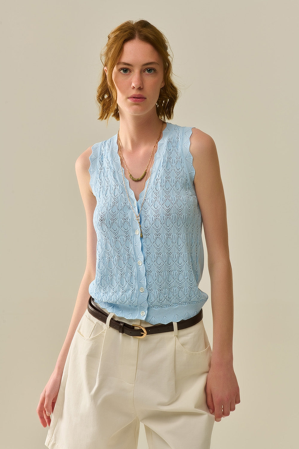 Gilet a Maglia Pointelle con Bordi Scallop in Azzurro Pastello
