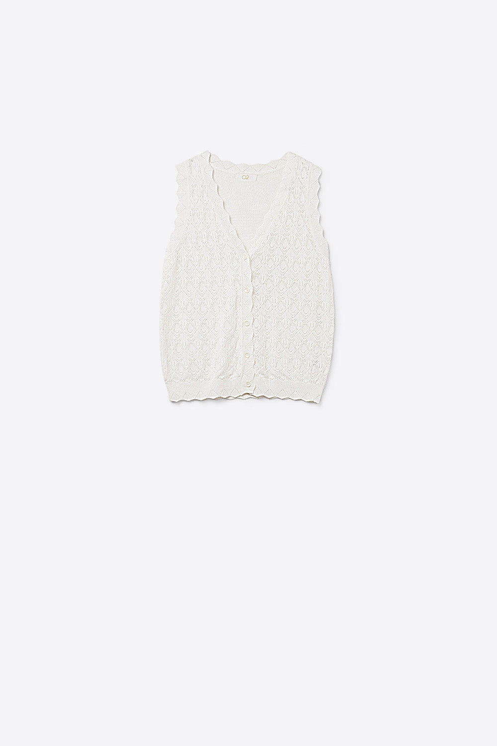 Q2 Gilet in Maglia Pointelle con Bordi Smerlati in Bianco