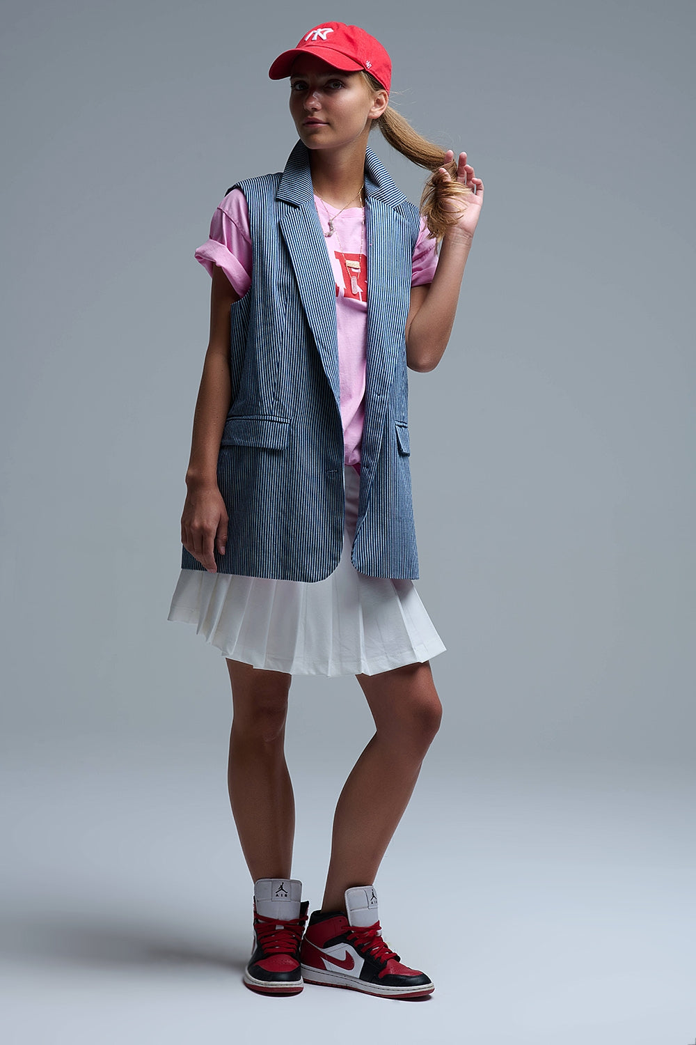 Gilet lungo a righe con collo a scialle in blu e bianco