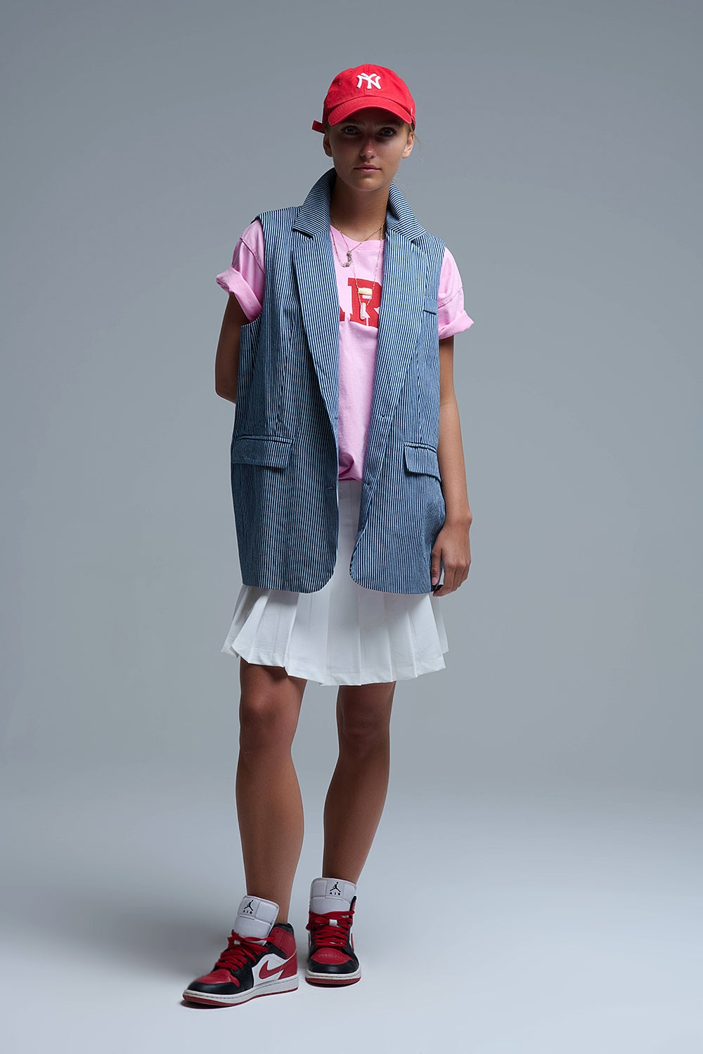 Gilet lungo a righe con collo a scialle in blu e bianco