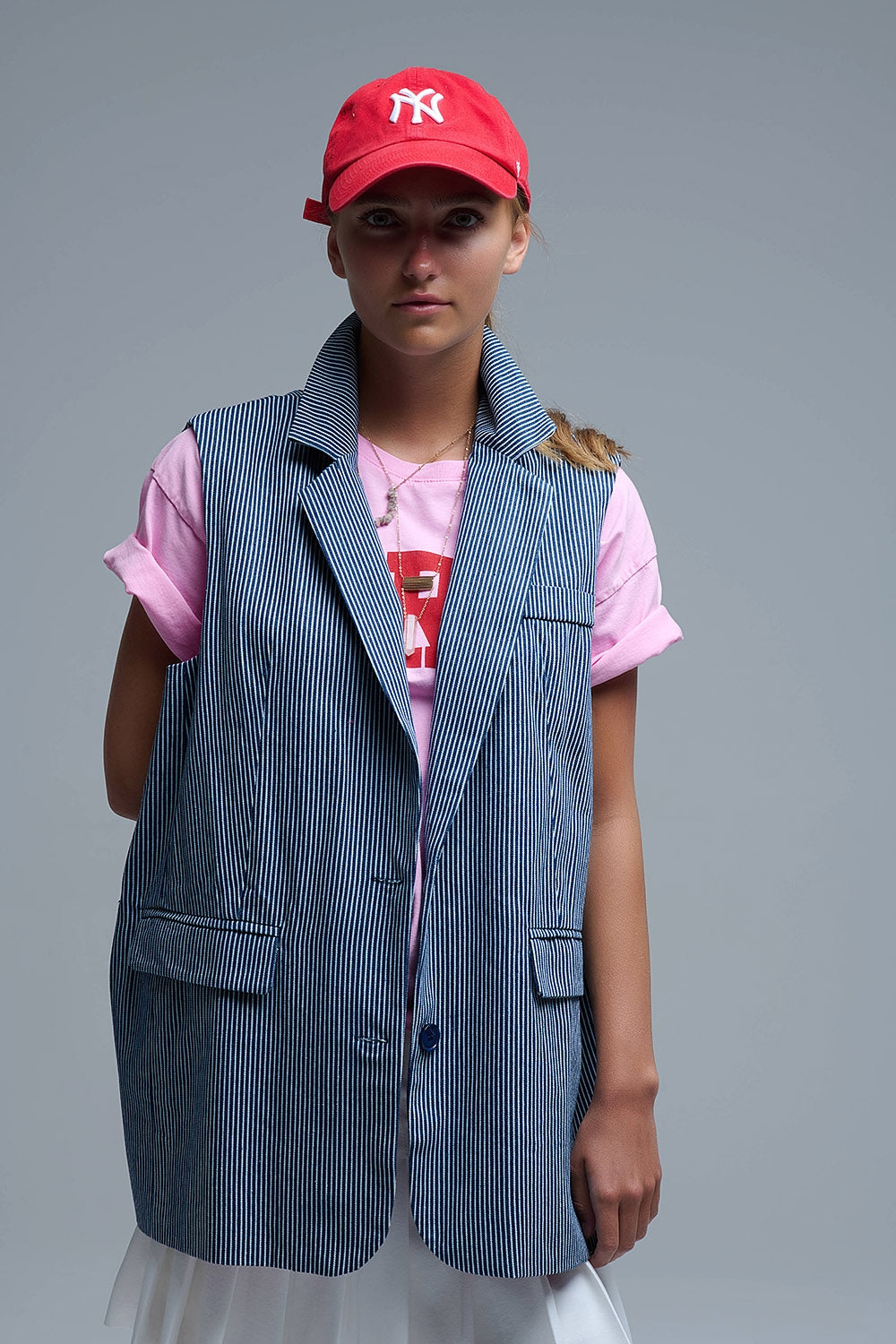 Gilet lungo a righe con collo a scialle in blu e bianco