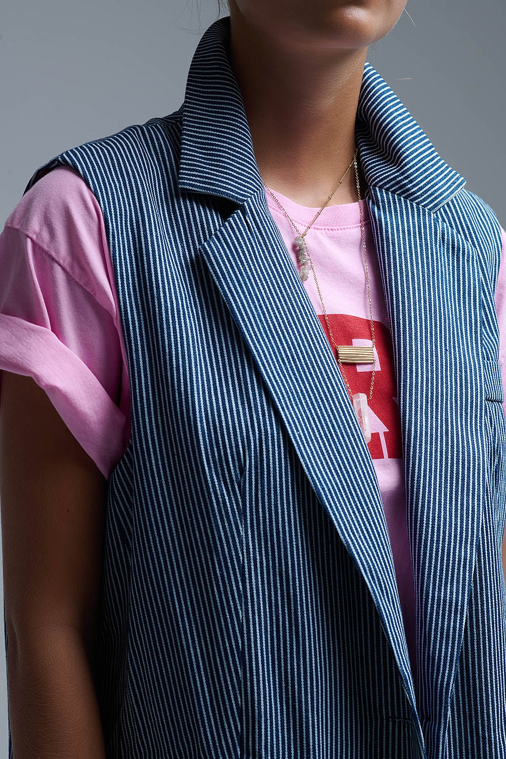 Gilet lungo a righe con collo a scialle in blu e bianco