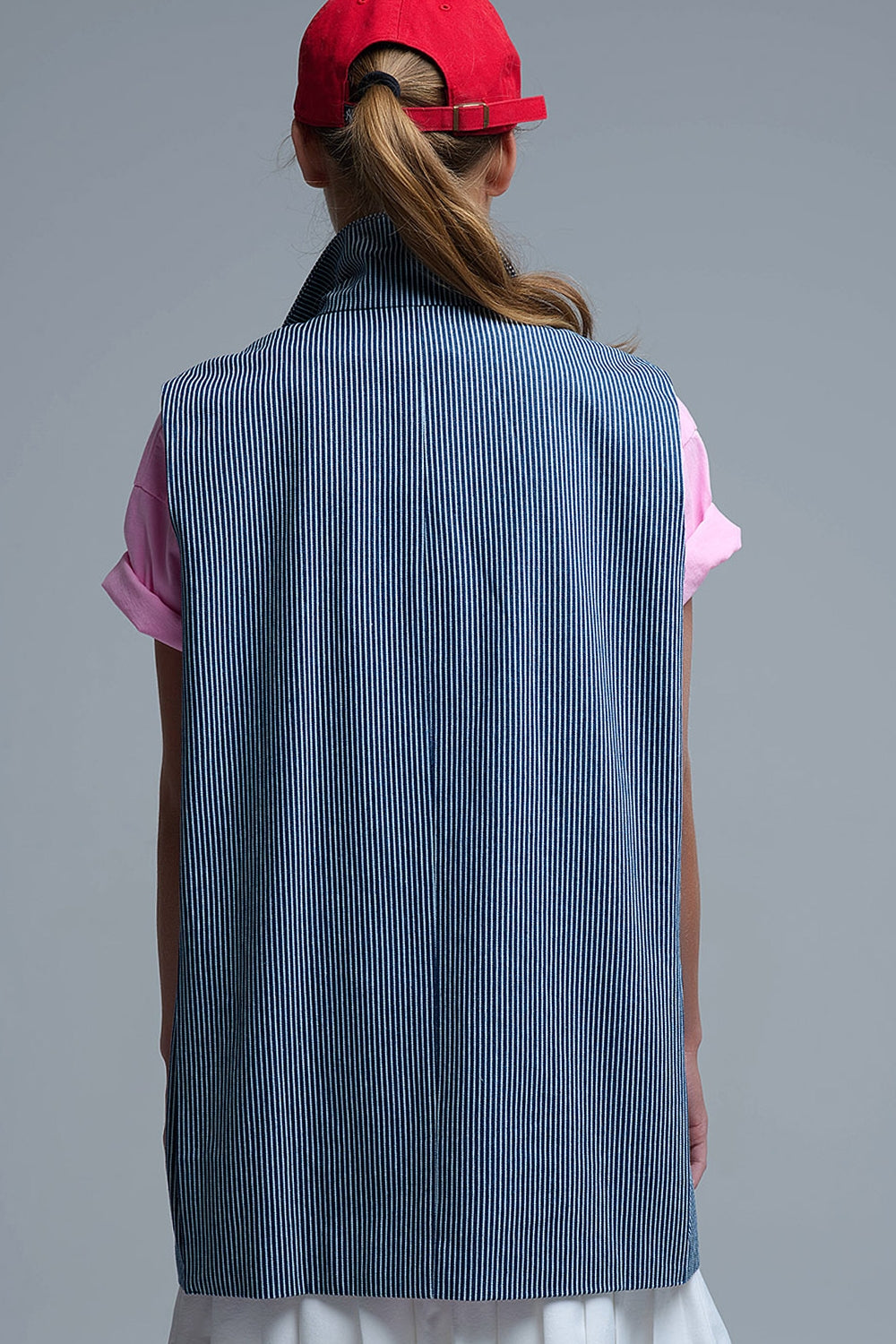 Gilet lungo a righe con collo a scialle in blu e bianco