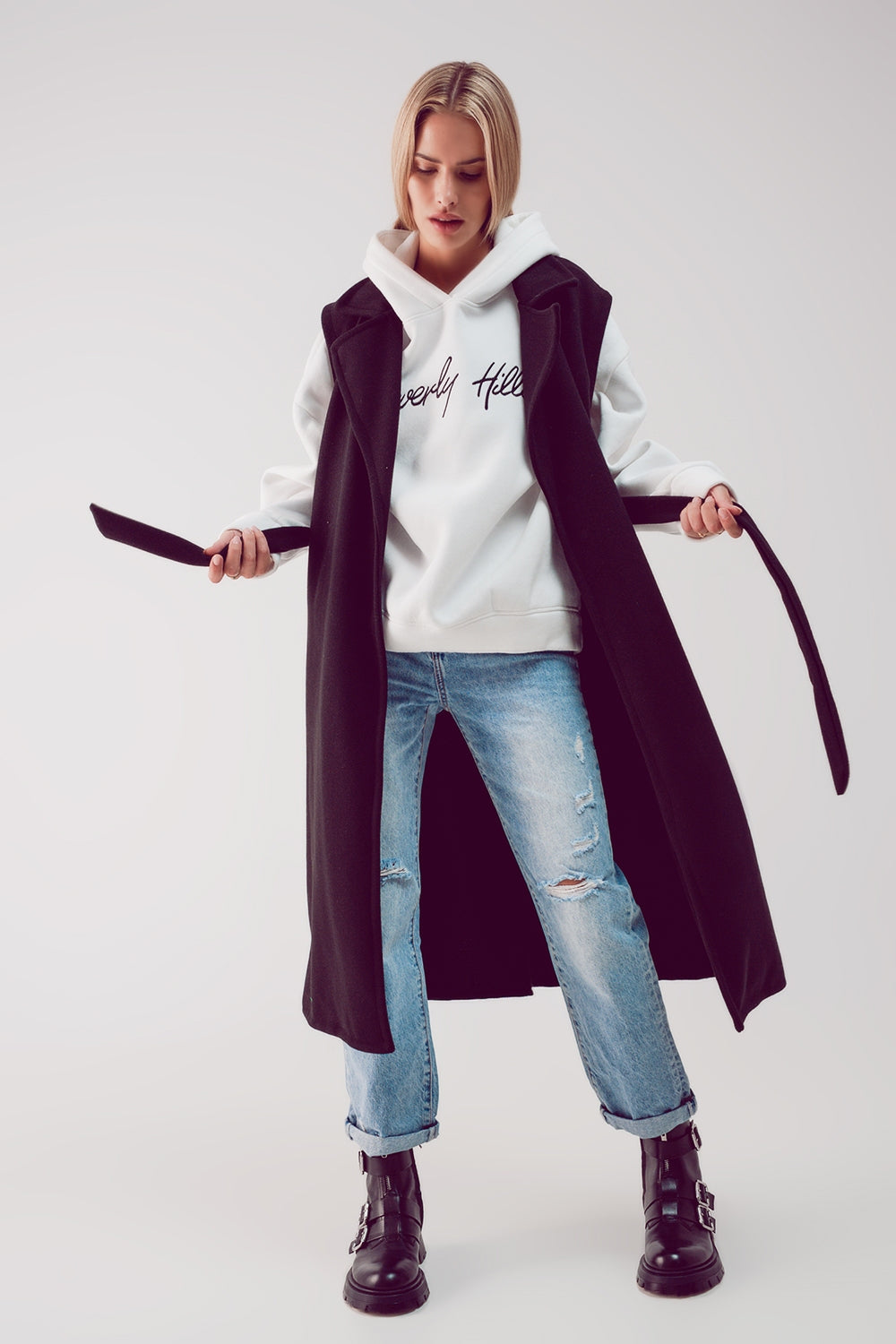 Gilet taglio lungo con cintura in nero