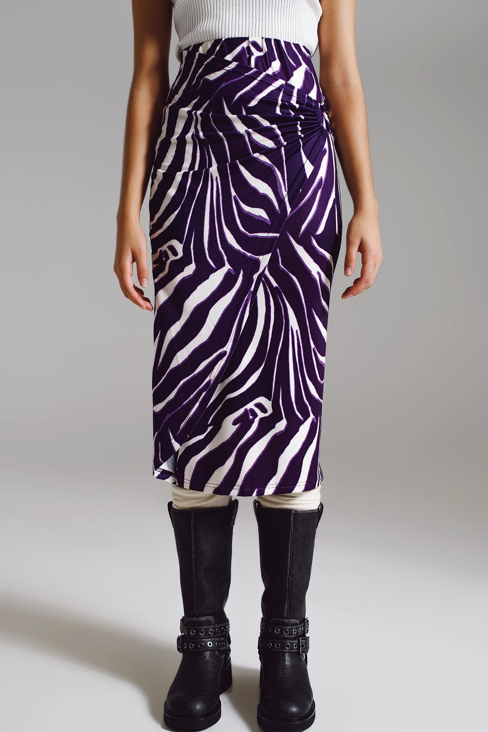 Gonna a balze con dettaglio raccoglitore sul lato stampa zebra viola e crema
