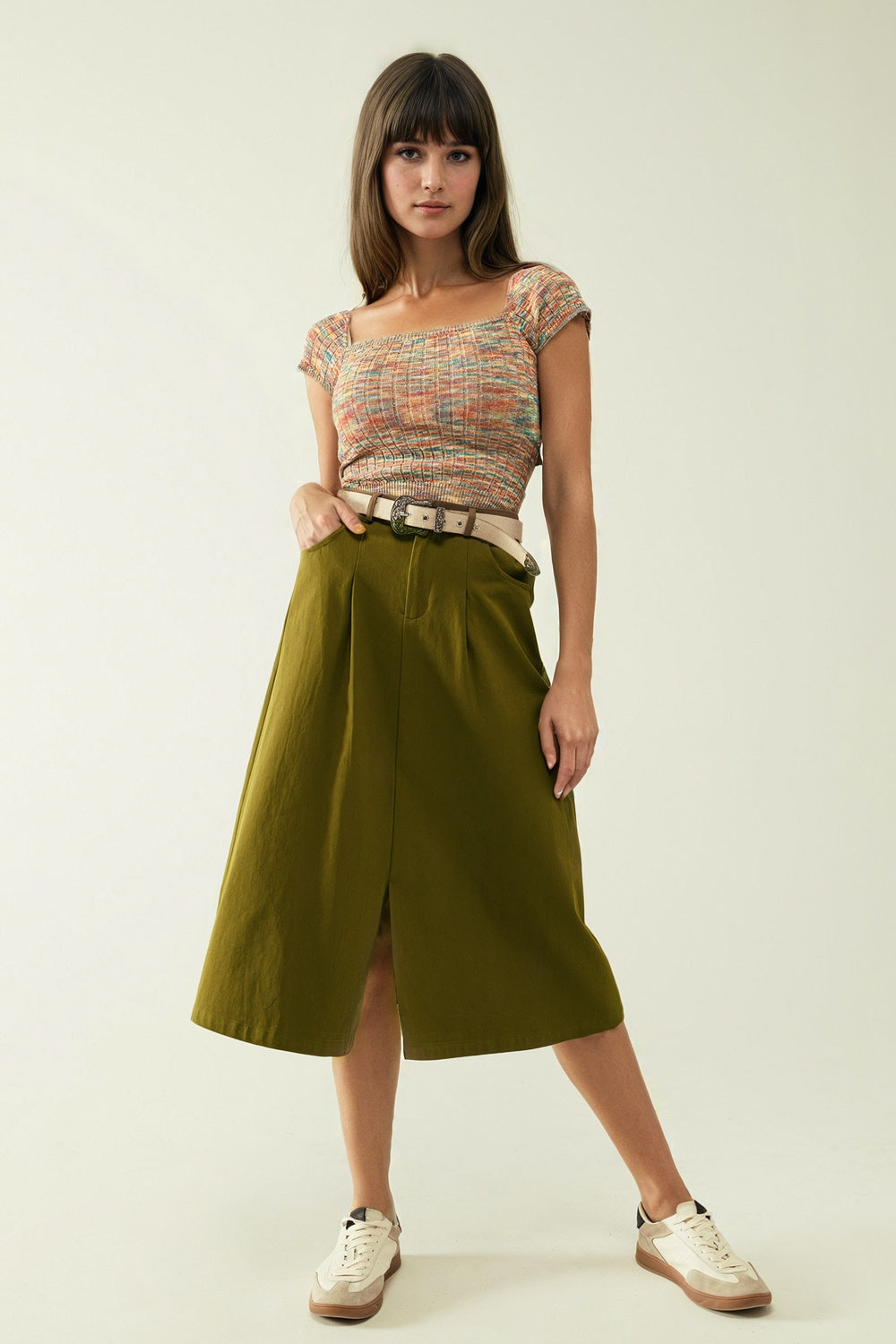Gonna A line Midi Khaki con tasche in Khaki