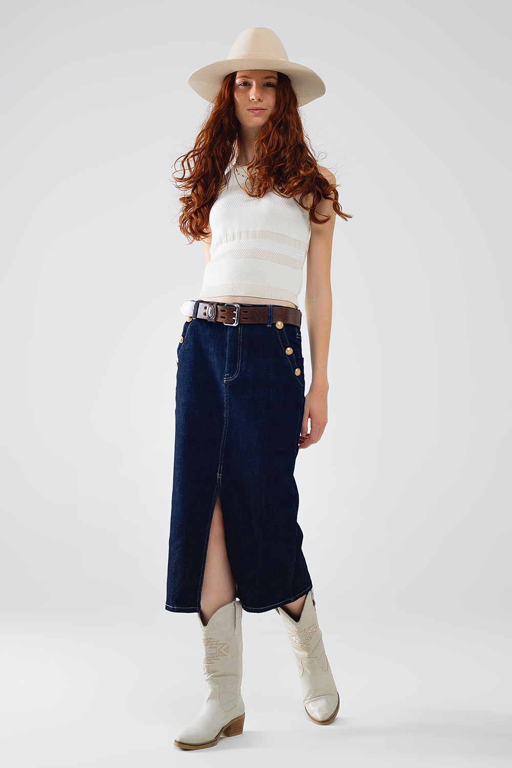 Gonna in denim con spacco frontale e bottoni dorati sui lati