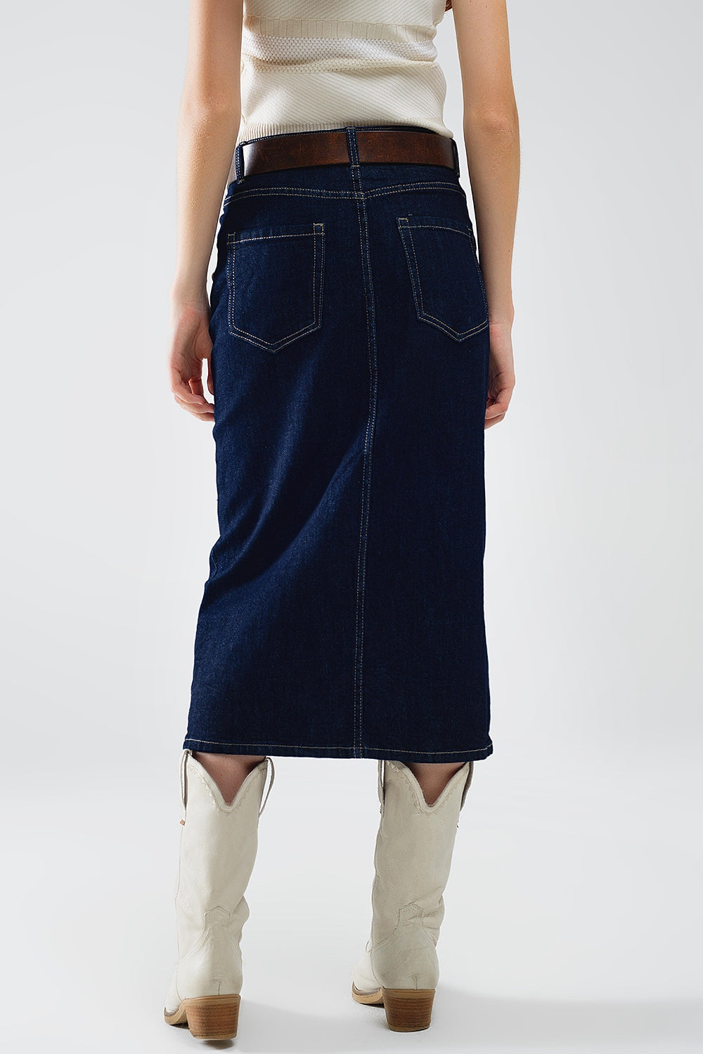 Gonna in denim con spacco frontale e bottoni dorati sui lati