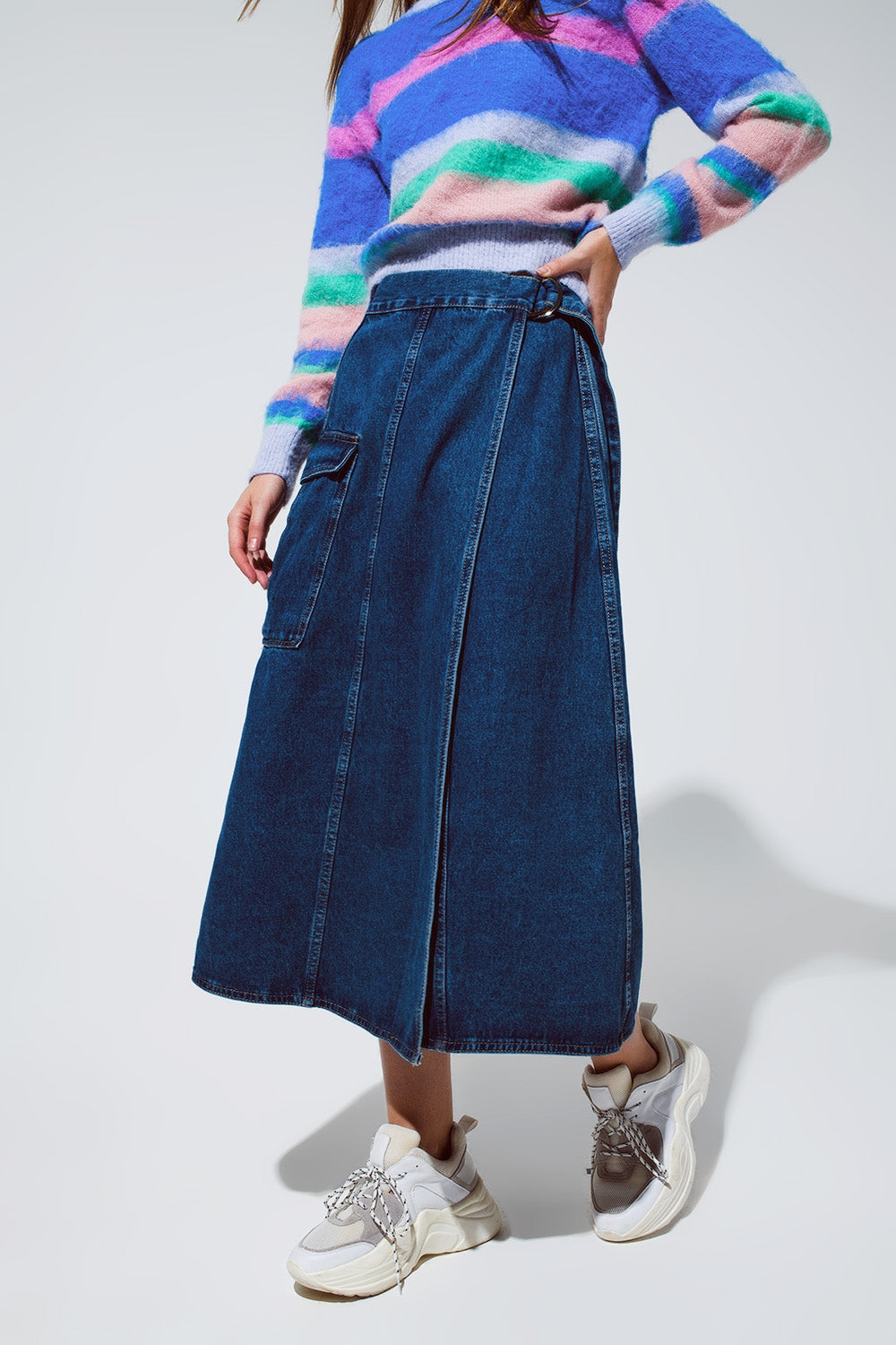 Q2 gonna longa avvolgente in denim con dettaglio di tasca