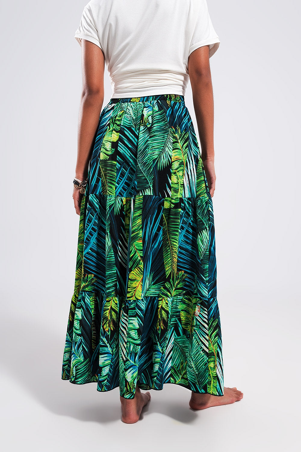 Gonna lunga a balze con stampa tropicale