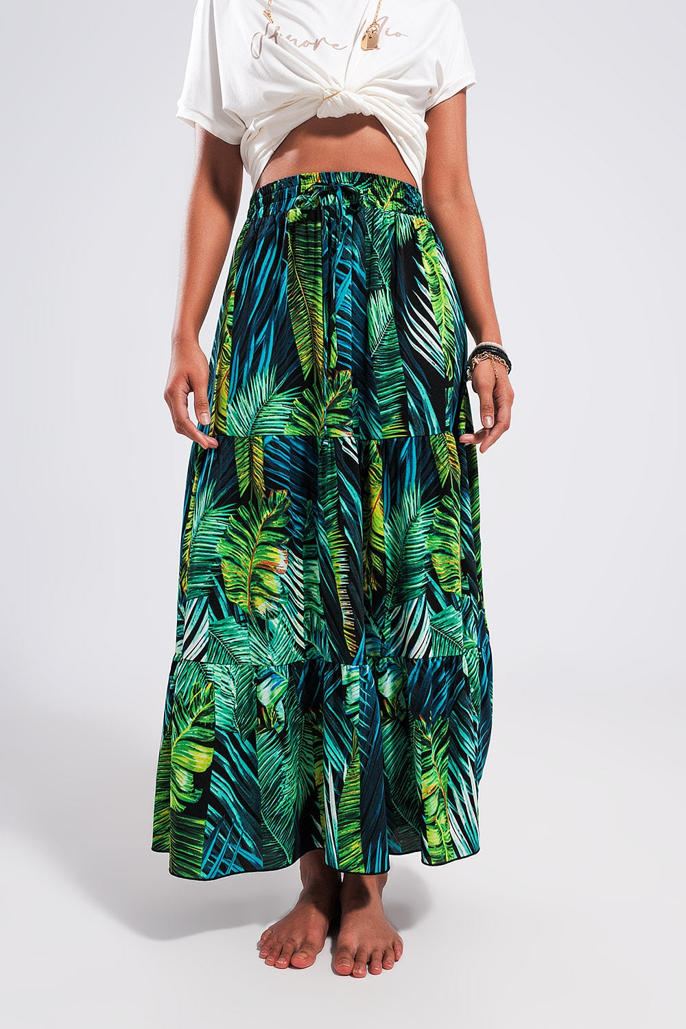 Gonna lunga a balze con stampa tropicale