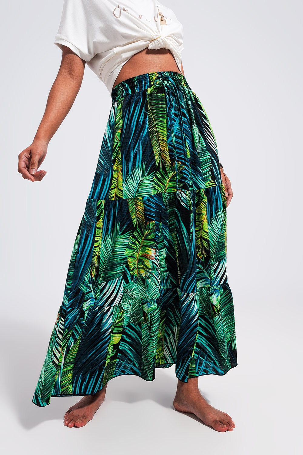 Gonna lunga a balze con stampa tropicale