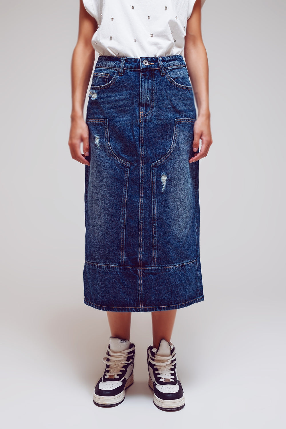 Gonna lunga a matita in denim con dettagli a pannelli nella parte anteriore