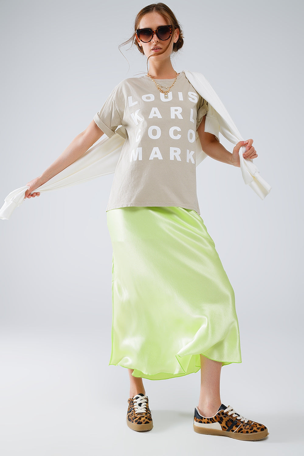 Gonna maxi in seta lime con spacco laterale