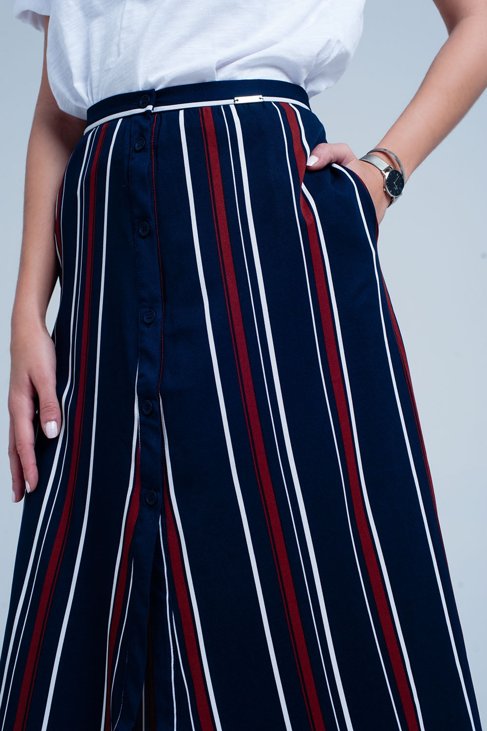Gonna midi a strisce blu navy