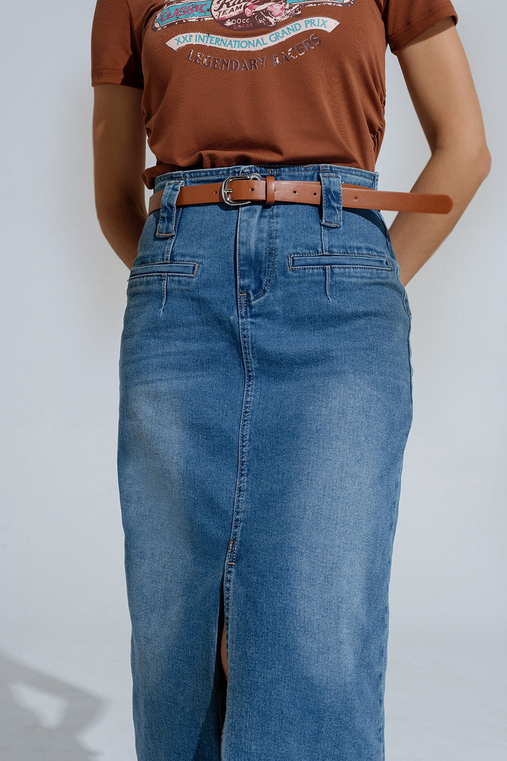 Gonna midi in denim blu con spacco frontale