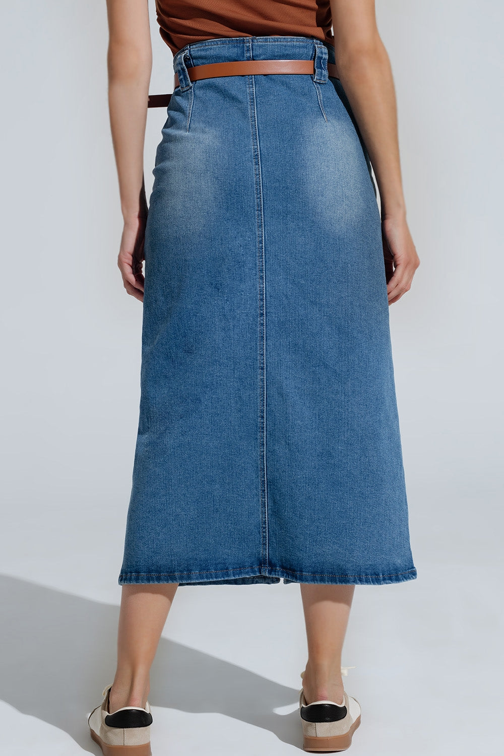 Gonna midi in denim blu con spacco frontale