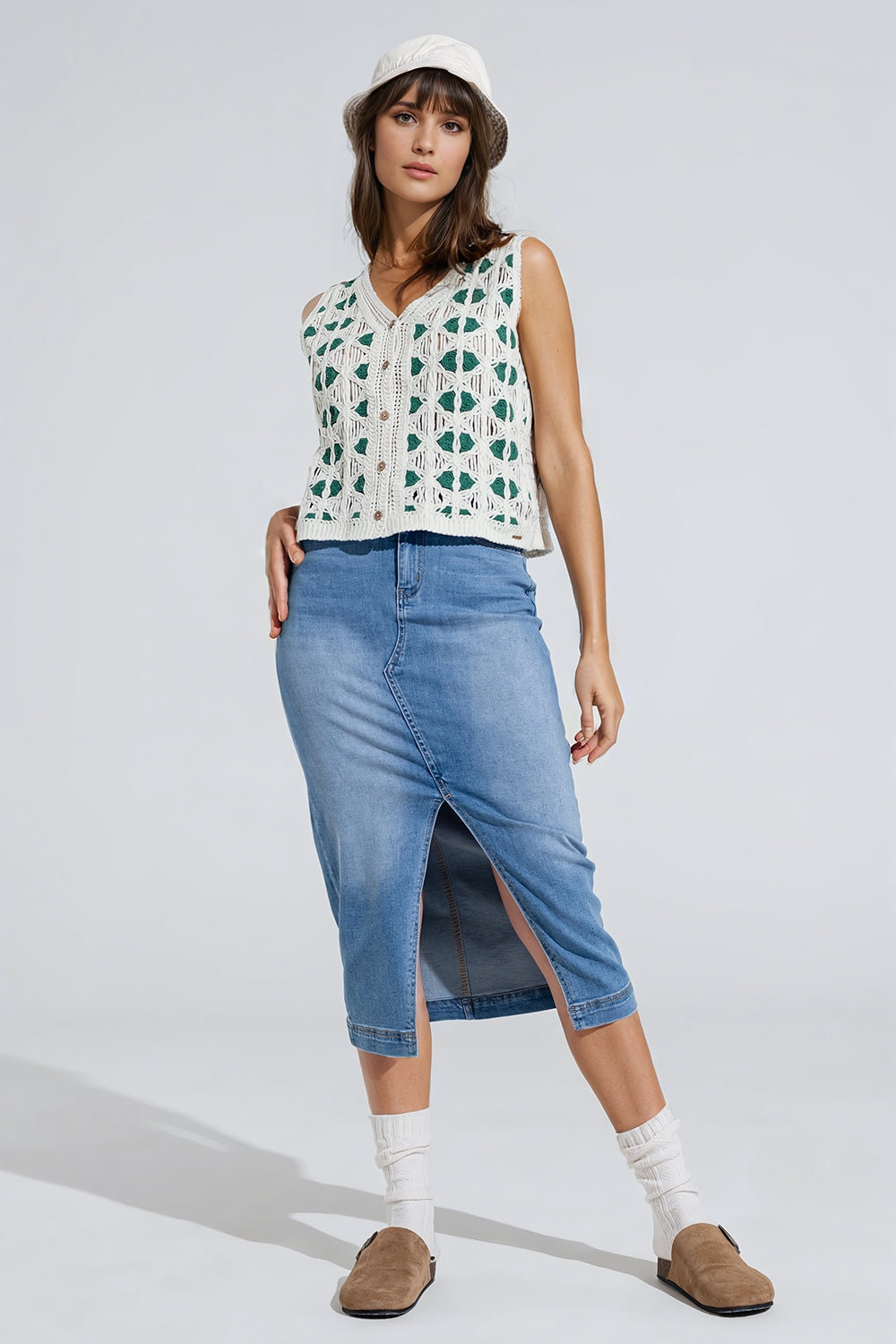 Gonna midi in denim stretch con spacco sul davanti