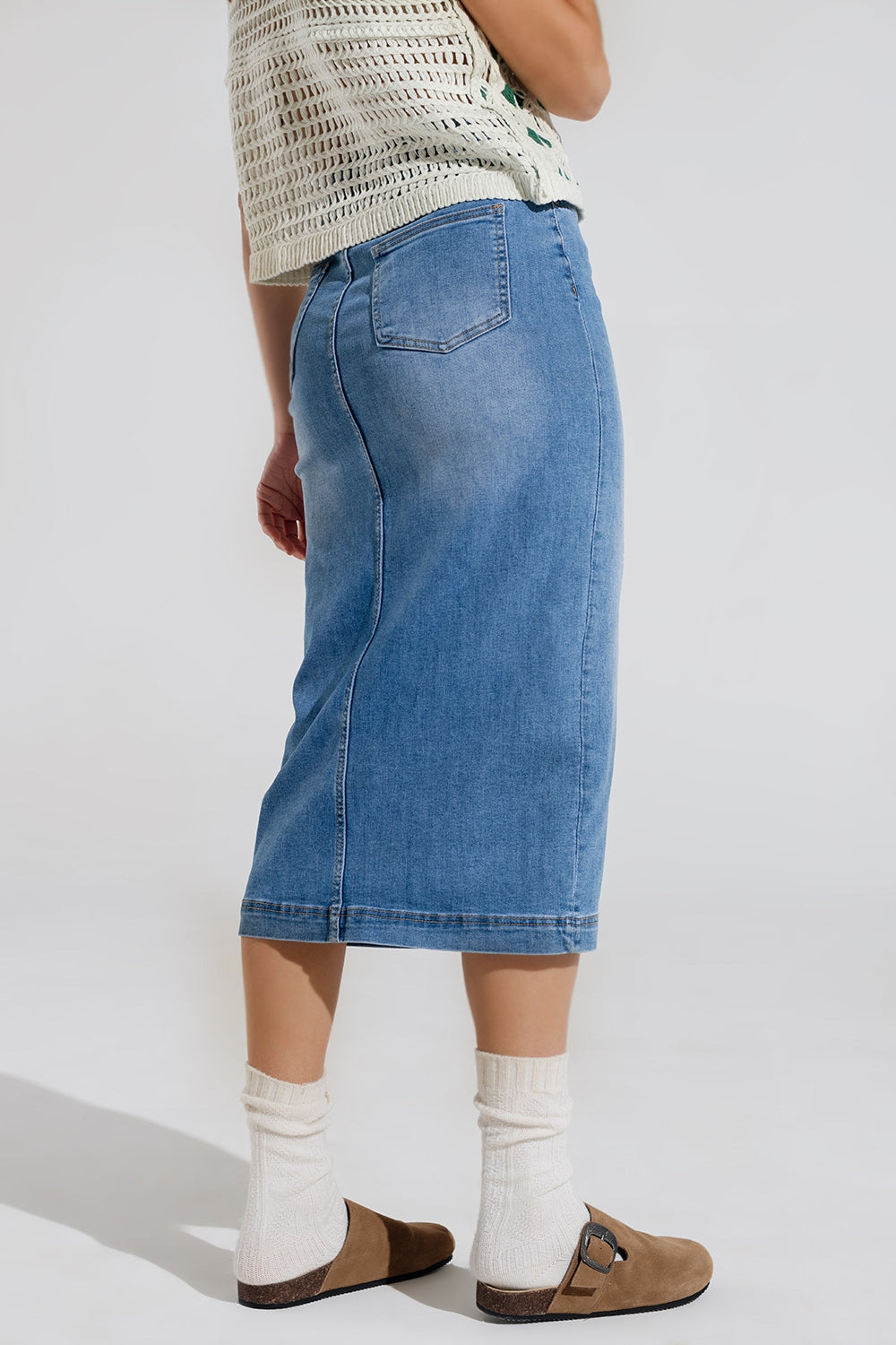 Gonna midi in denim stretch con spacco sul davanti