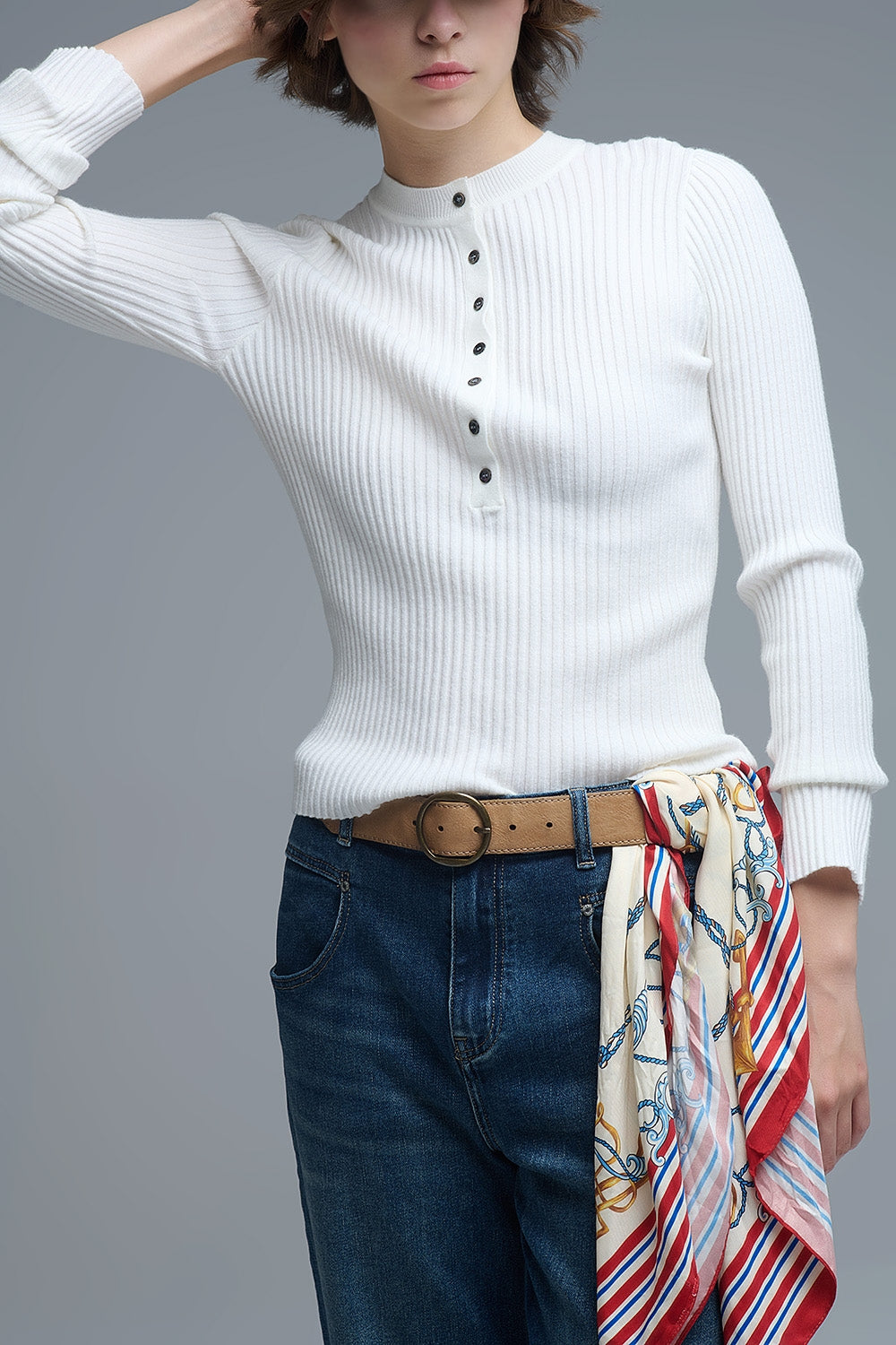 henley Maglione a maniche lunghe a coste in bianco