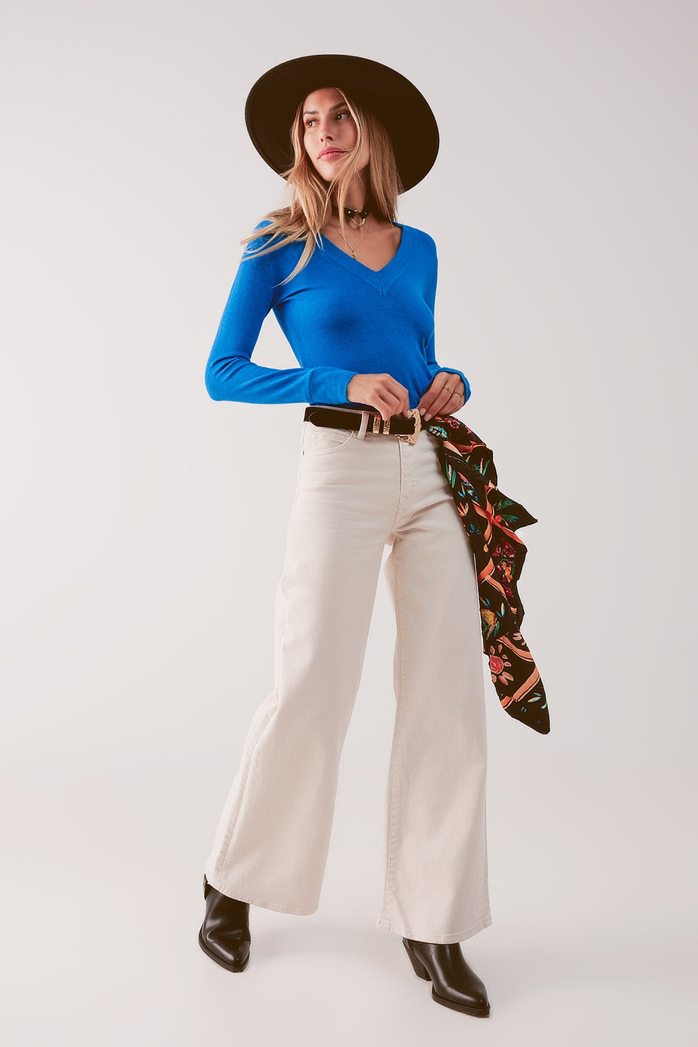 Jeans a fondo ampio in misto cotone beige