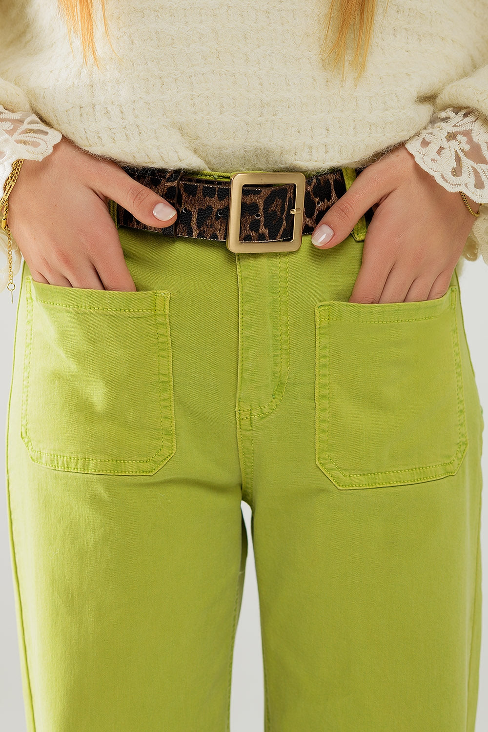 Jeans a gamba dritta verde lime con tasche frontali