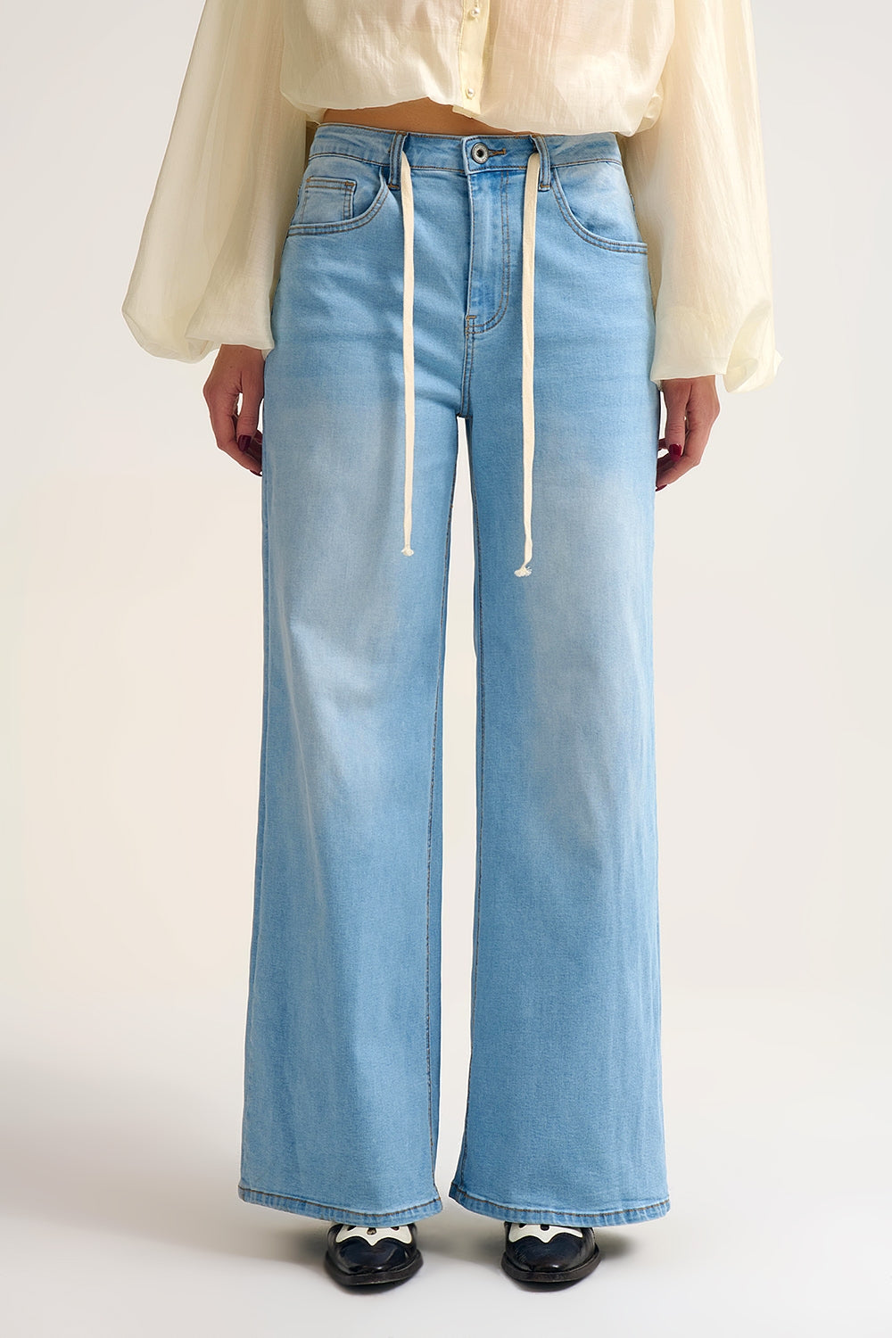 LifeShe Jeans A Righe A Vita Alta Con Coulisse E Gamba Larga – Denim Leggero Con Tasche, Pantaloni Casual Da Donna