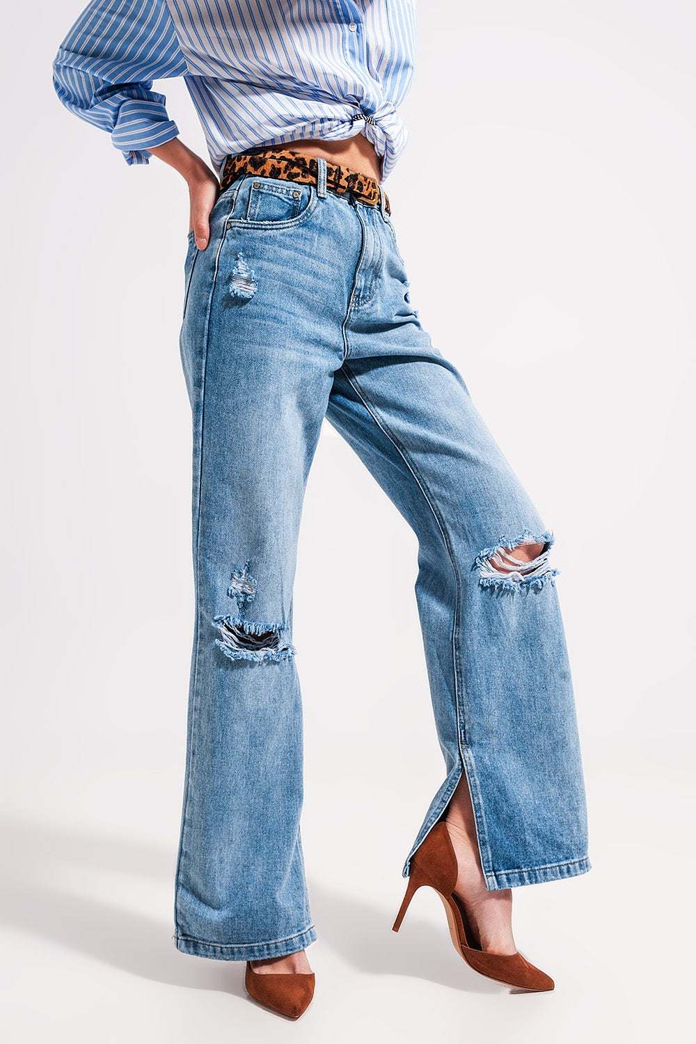 Jeans a vita alta con spacco sul fondo lavaggio vintage
