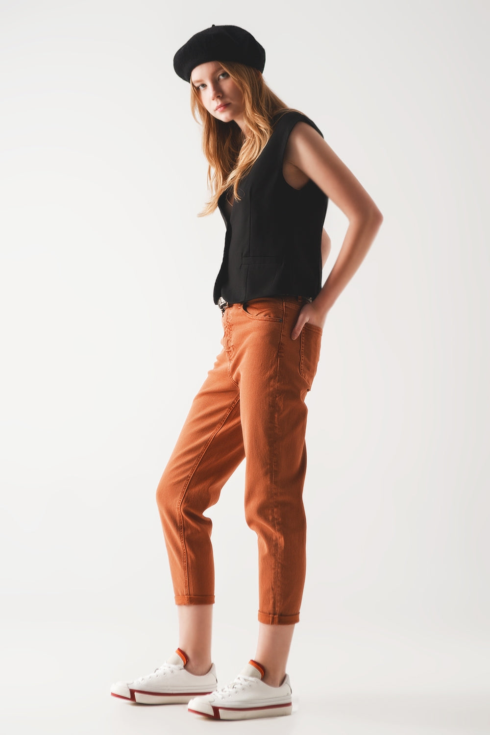 Jeans a vita medio alta in cotone ruggine
