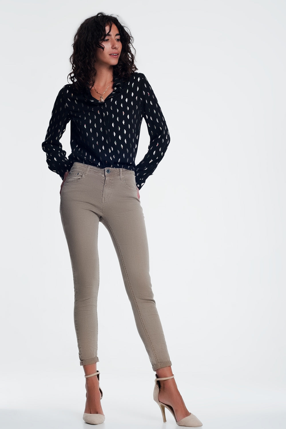 Jeans beige a vita alta
