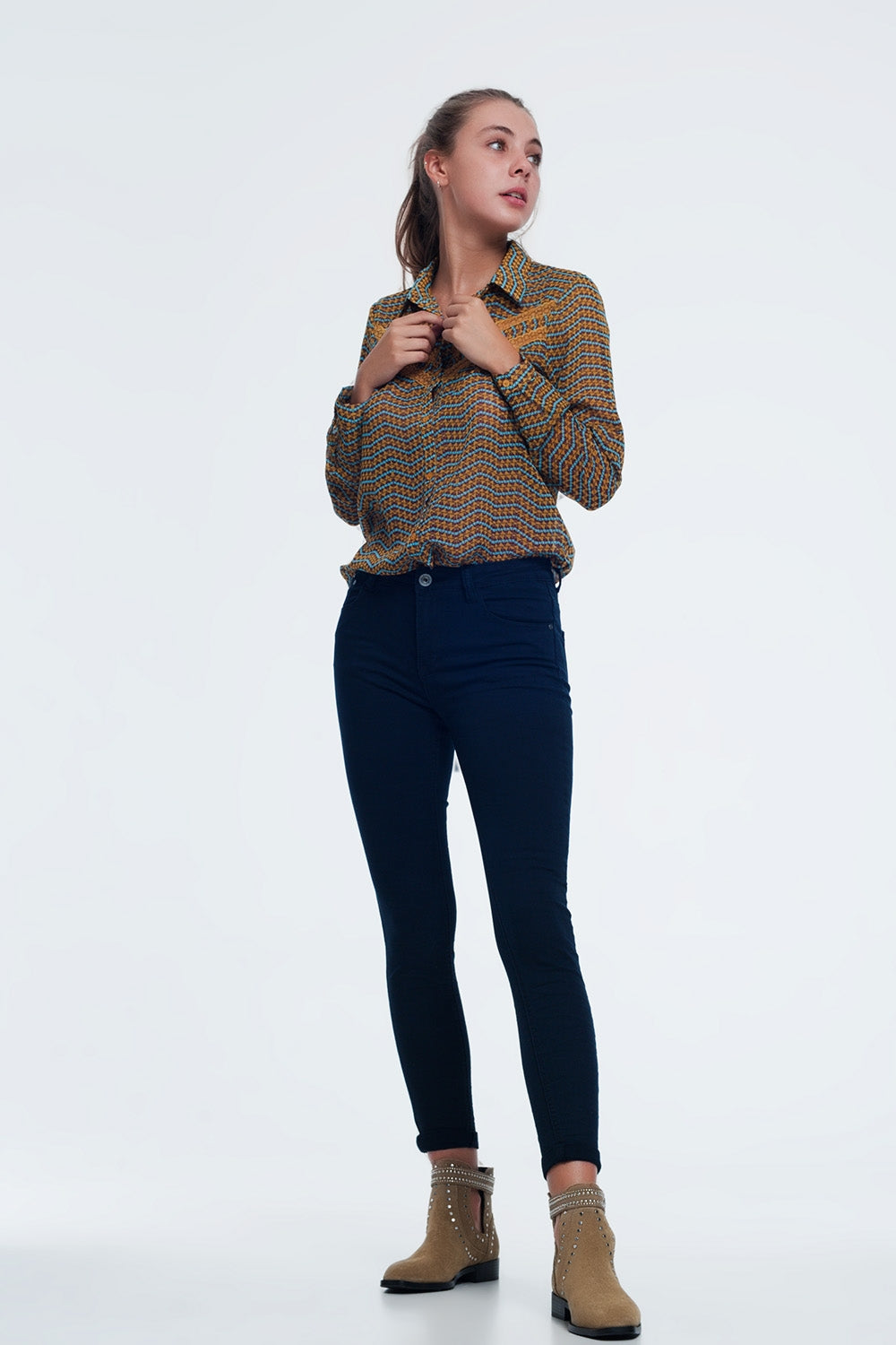Jeans blu marino vita alta