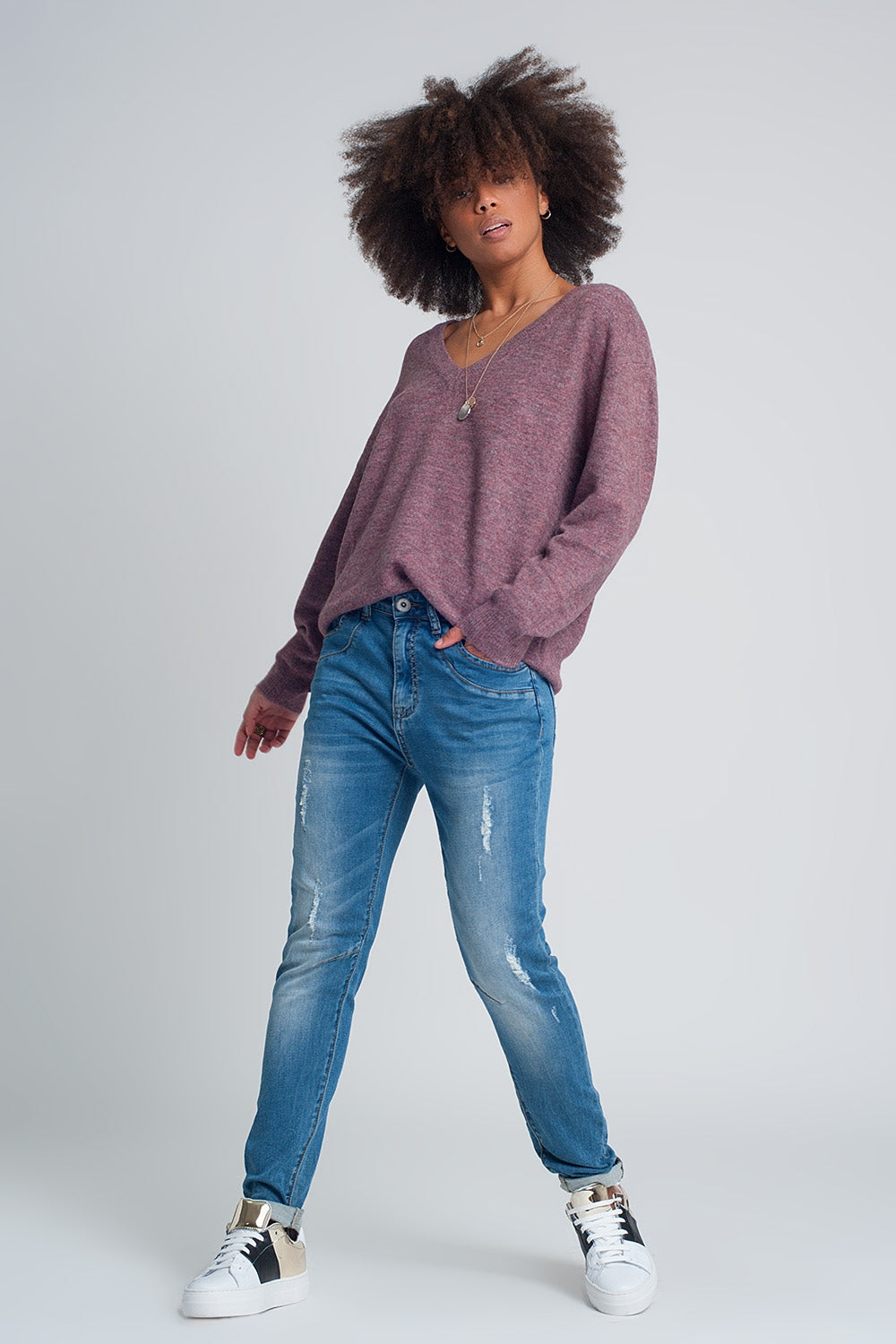 Jeans boyfriend tessuto a coste strappati lavaggio medio