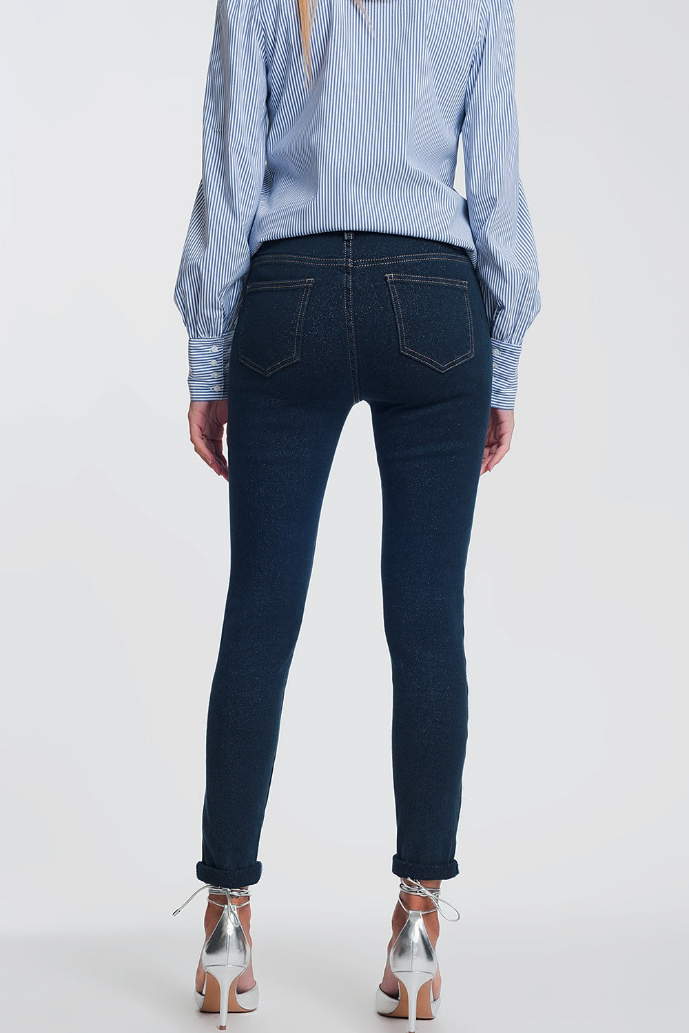 Jeans brillantinati a vita alta lavaggio scuro