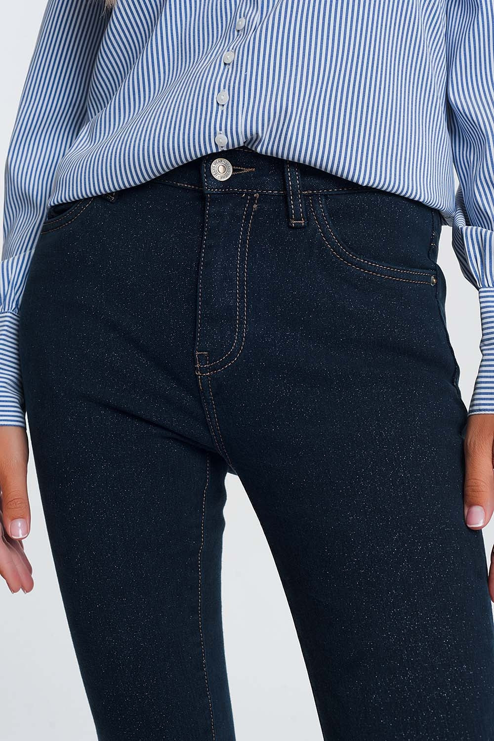 Jeans brillantinati a vita alta lavaggio scuro