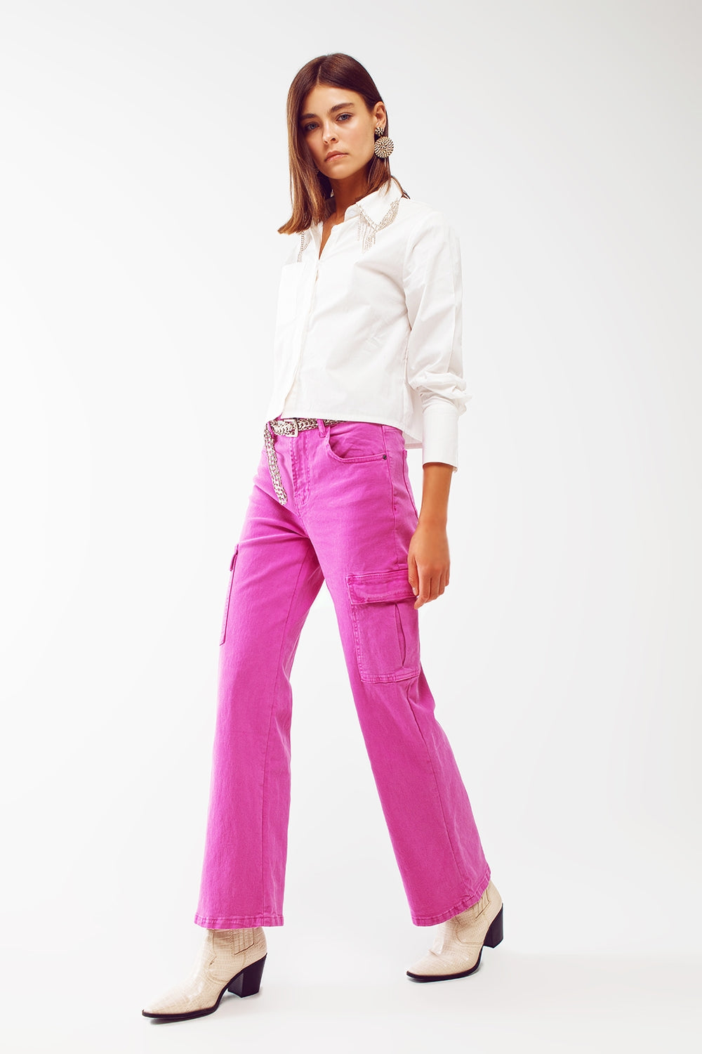 Jeans cargo a gamba dritta in fucsia