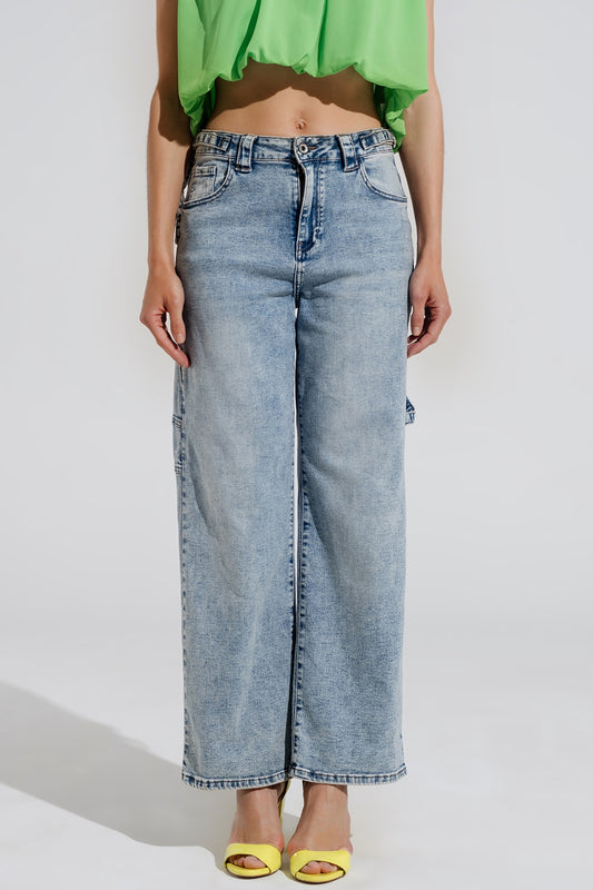 Q2 Jeans Cargo sbiancati con dettagli di cintura in vita