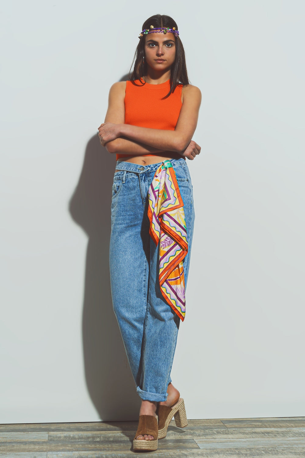 Jeans con Dettaglio Cintura in Lavaggio Medio