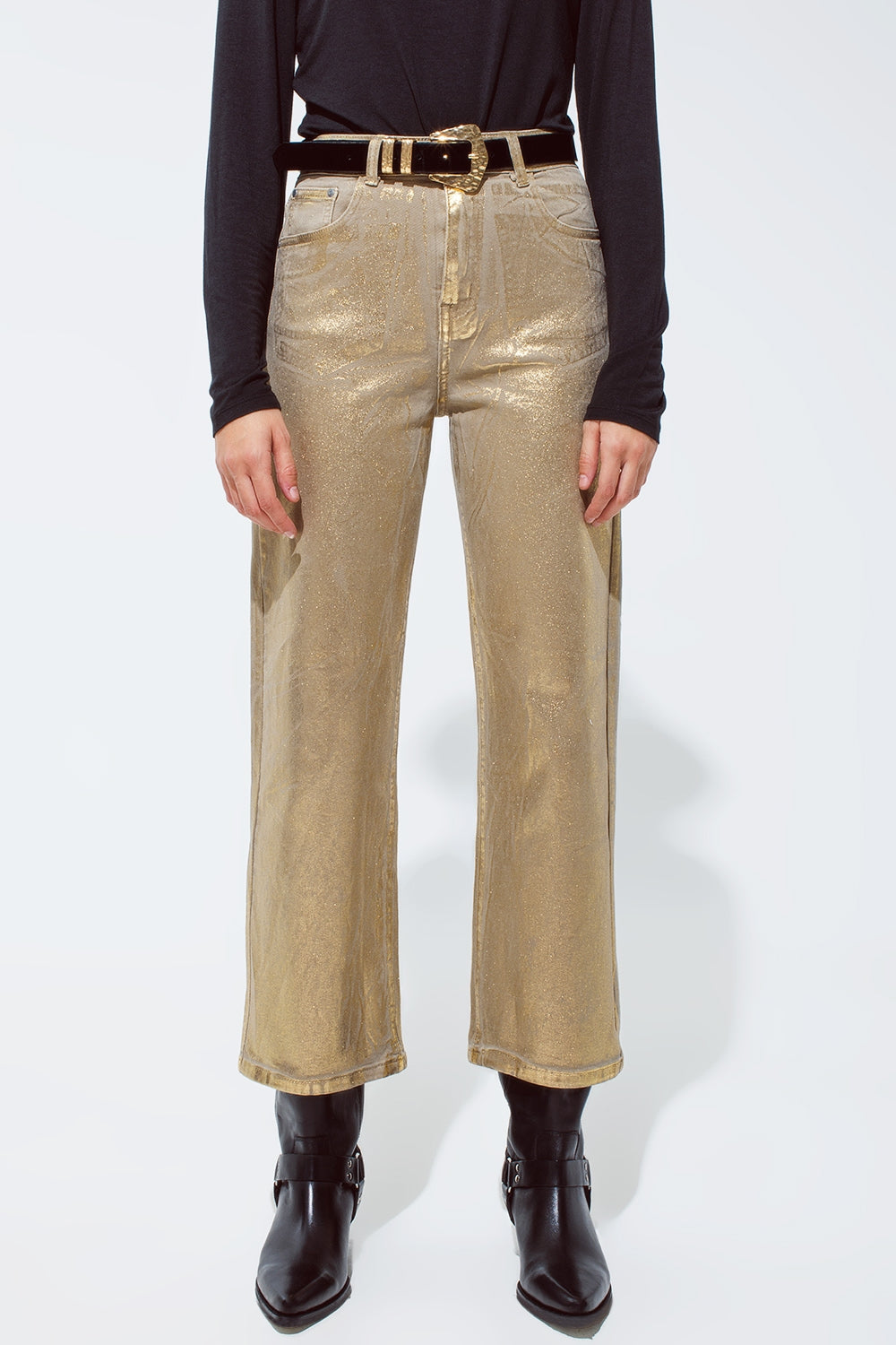 Q2 Jeans dorati a gamba dritta con riflessi metallici