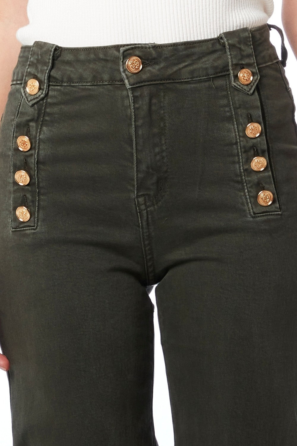 Jeans dritti con bottoni dorati laterali in kaki